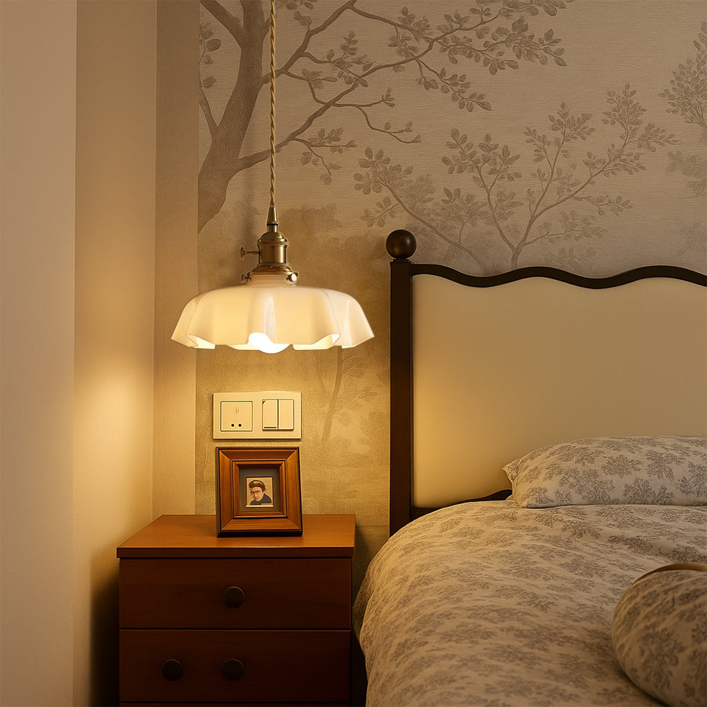 Fransk Hvid bølget glas pendel haengelampe